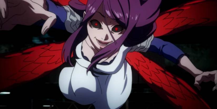 Rize Kamishiro joyfully attacks Ken Kaneki with her Kagune in Tokyo Ghoul.