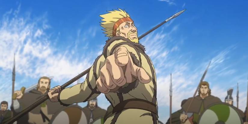 Thorkell appelle son tir avant de lancer une lance sur un ennemi dans Vinland Saga.