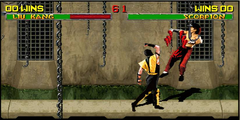 Mortal Kombat 2 gameplay with Scorpion uppercutting Liu Kang