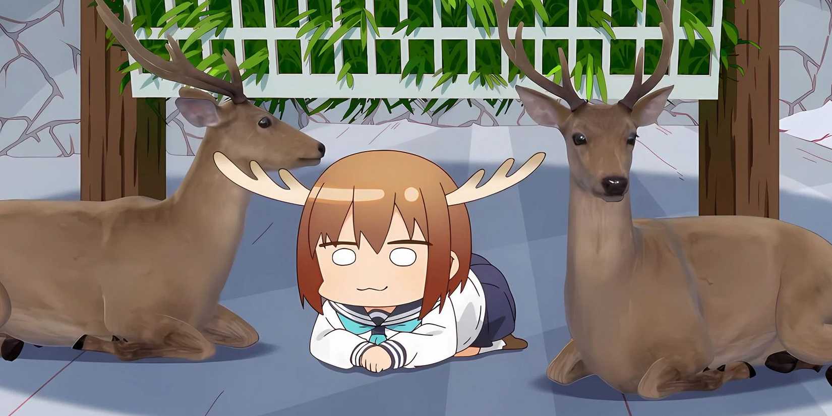 Nokotan sits between two deers in My Deer Friend Nokotan