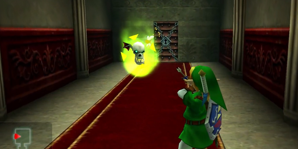 Link encounters a Green Bubble in The Legend of Zelda: Ocarina of Time 3D.