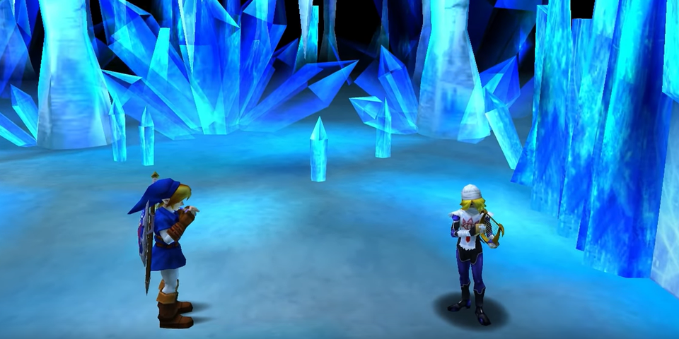 Link learns the Serenade of Water from Sheik in The Legend of Zelda: Ocarina of Time 3D.