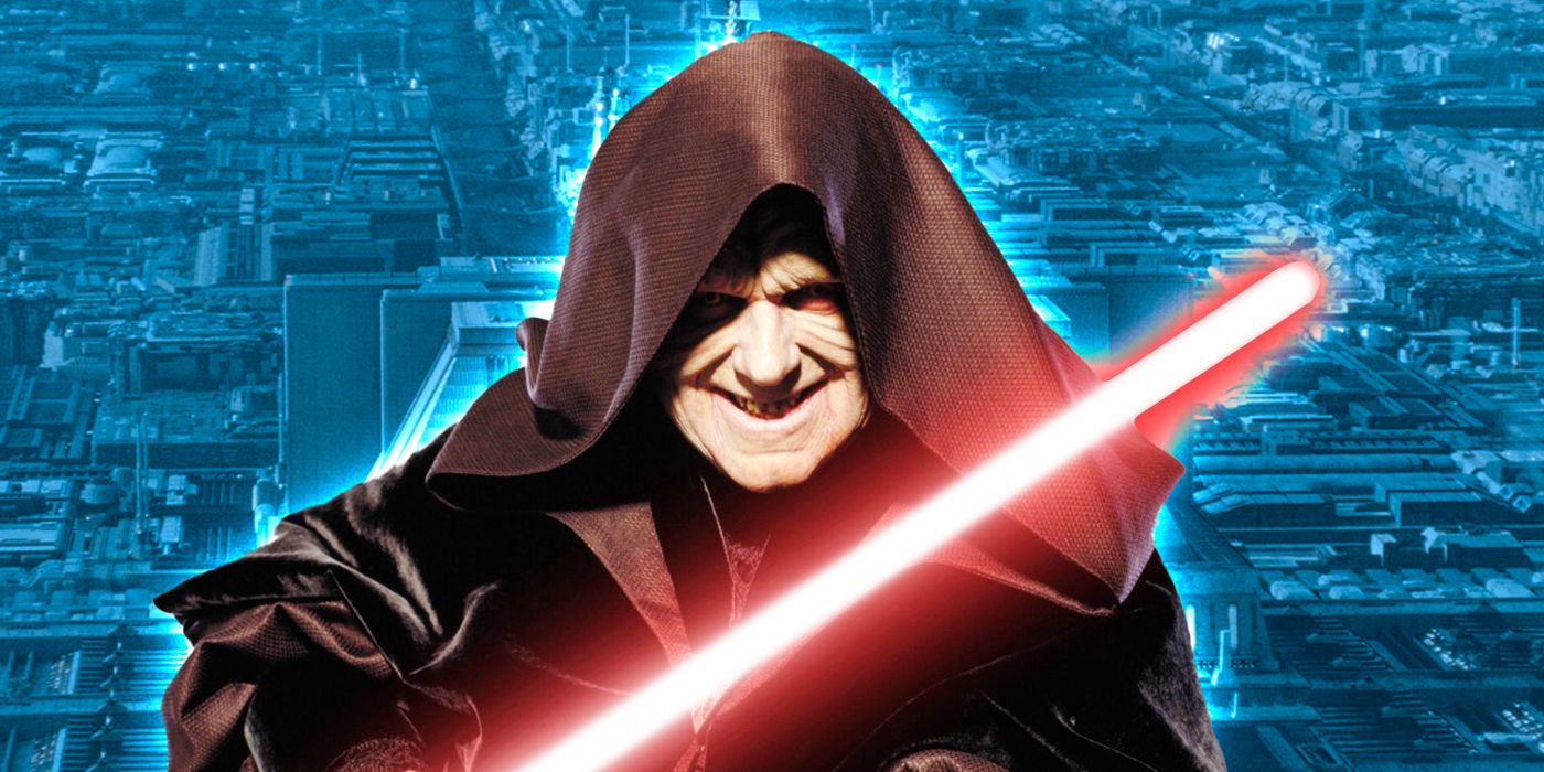 Palpatine and the Jedi Temple in the background