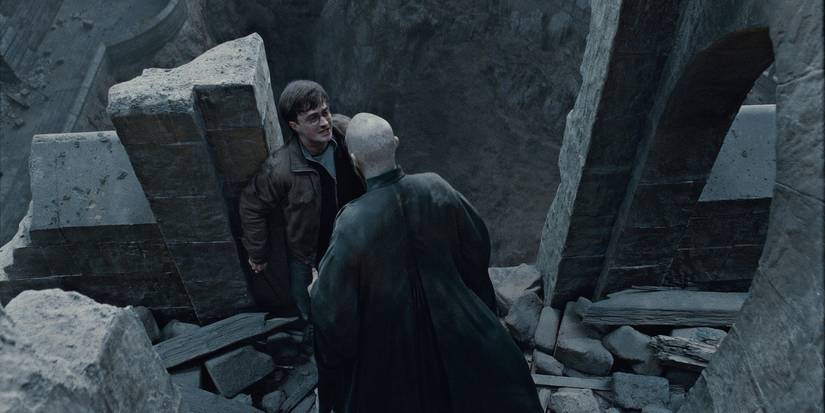 Harry Potter confronted Voldemort in rubble at Harry Potter and the Deathly Hallows - Part 2.