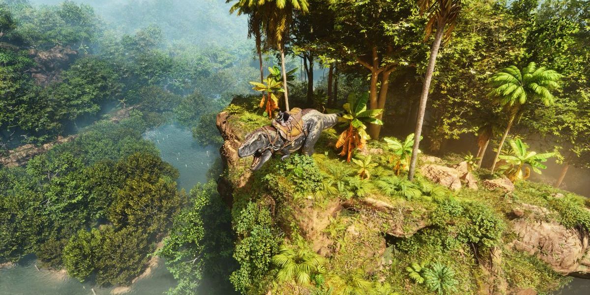 Um jogador montando um T-Rex perto de um penhasco em Ark Survival Ascended