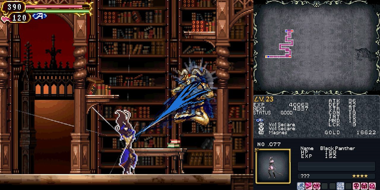 Shanoa lançando um movimento de agarrar um inimigo em Castlevania Order of Ecclesia como parte da Coleção Dominus.