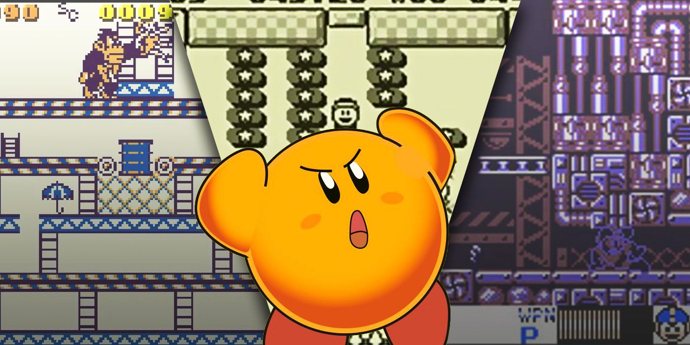 Split image of Kirby's Block Ball, Donkey Kong for Game Boy, and Mega Man V