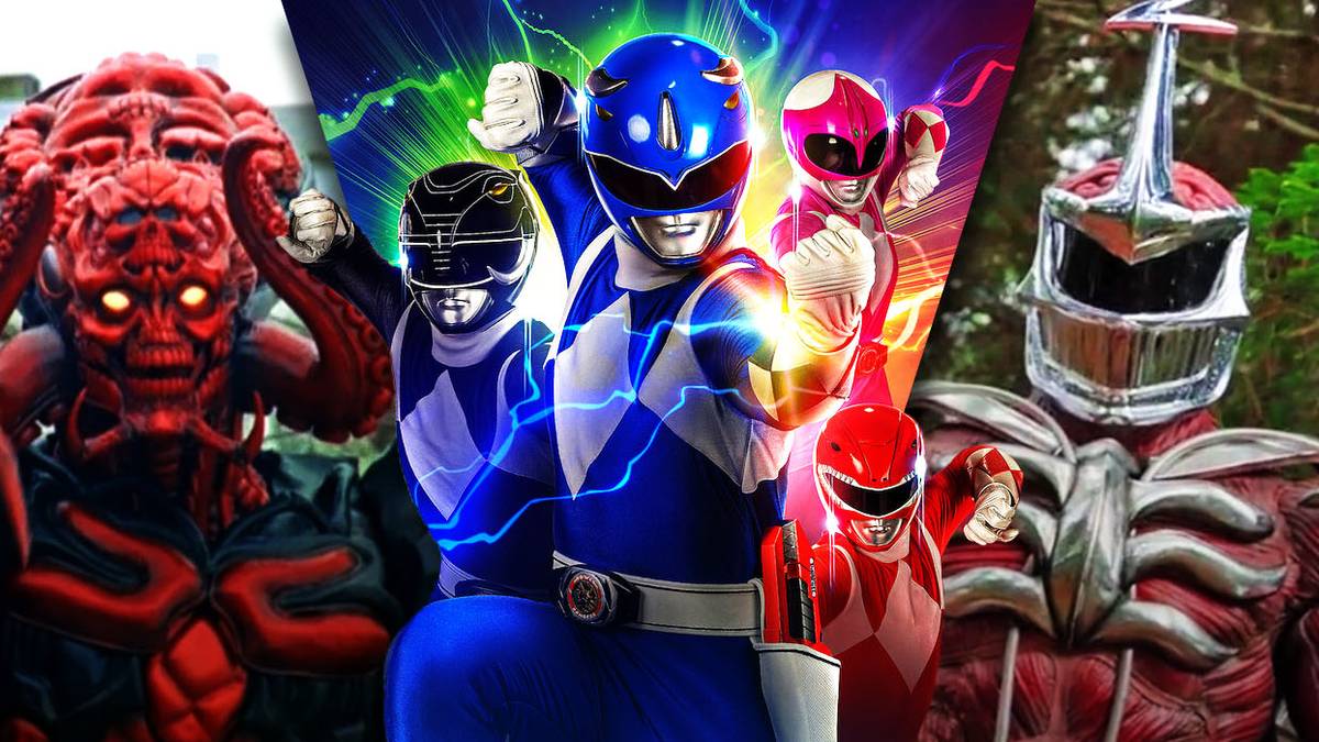 A split image of the Power Rangers, Lord Zedd and Octomus