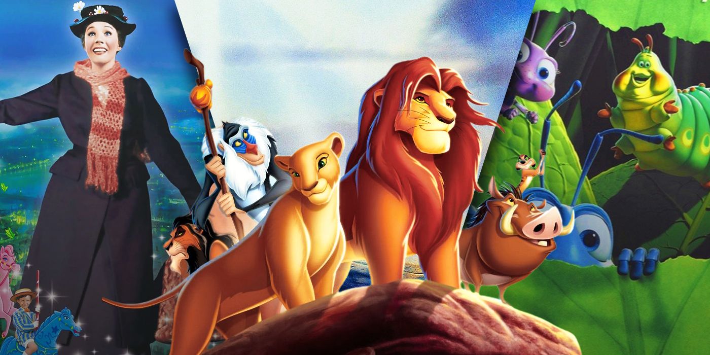 A split image of The Lion King, Mary Poppins and A Bug's Life.