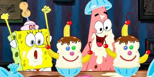 SpongeBob and Patrick are cheering for their Gooberberry Sunrise Ice Creams in the Goofy Goobers restaurant in the SpongeBob Squarepants movie.