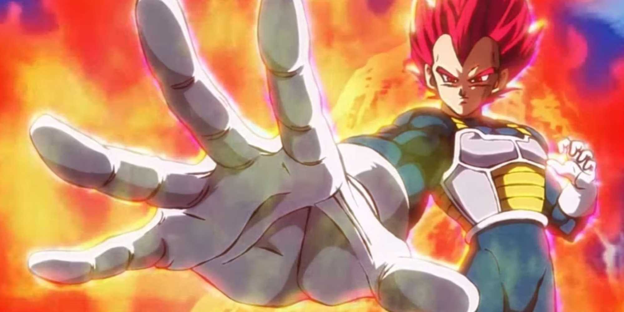 Super Saiyan God Vegeta powers up a blast in Dragon Ball Super: Broly.