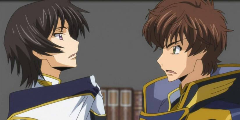 Suzaku holds Lelouch by the collar in Code Geass