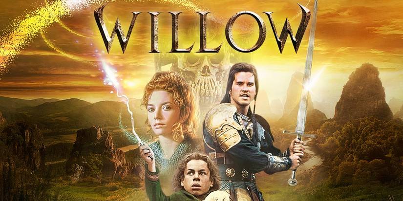Willow (1988) poster with four characters brandishing fantastic weapons standing in front of a picturesque background.