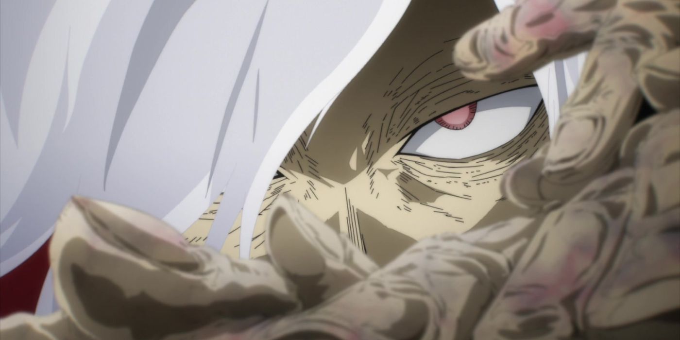 Shigaraki looking with one eye through the multiple fingers of his new thousand-finger arm in MHA.