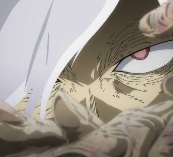 Shigaraki looking with one eye through the multiple fingers of his new thousand-finger arm in MHA.