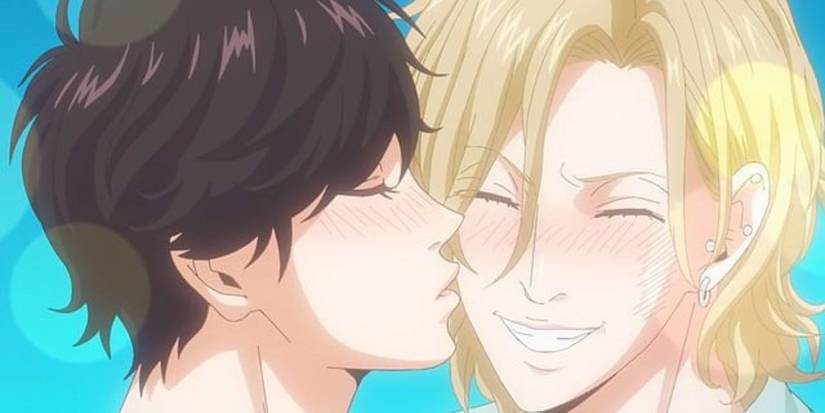 Mao blushing and leaning into Hisashi for a kiss; Hisashi has turned his had at the last second and is smiling widel;y as Mao kisses his cheek. 