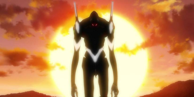 Bardiel is Silhouetté against a setting sun in Eon Genesis Evangelion. 