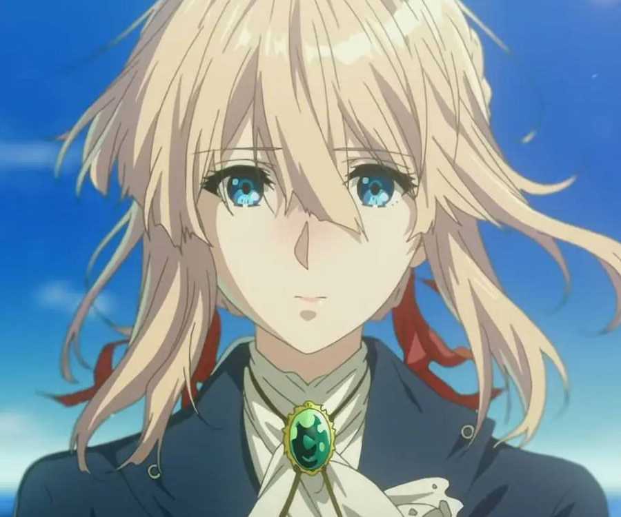 Violet looks troubled as her hair blows in the wind in the Violet Evergarden anime