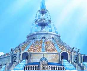 Water 7 stands tall against the blue sky in One Piece