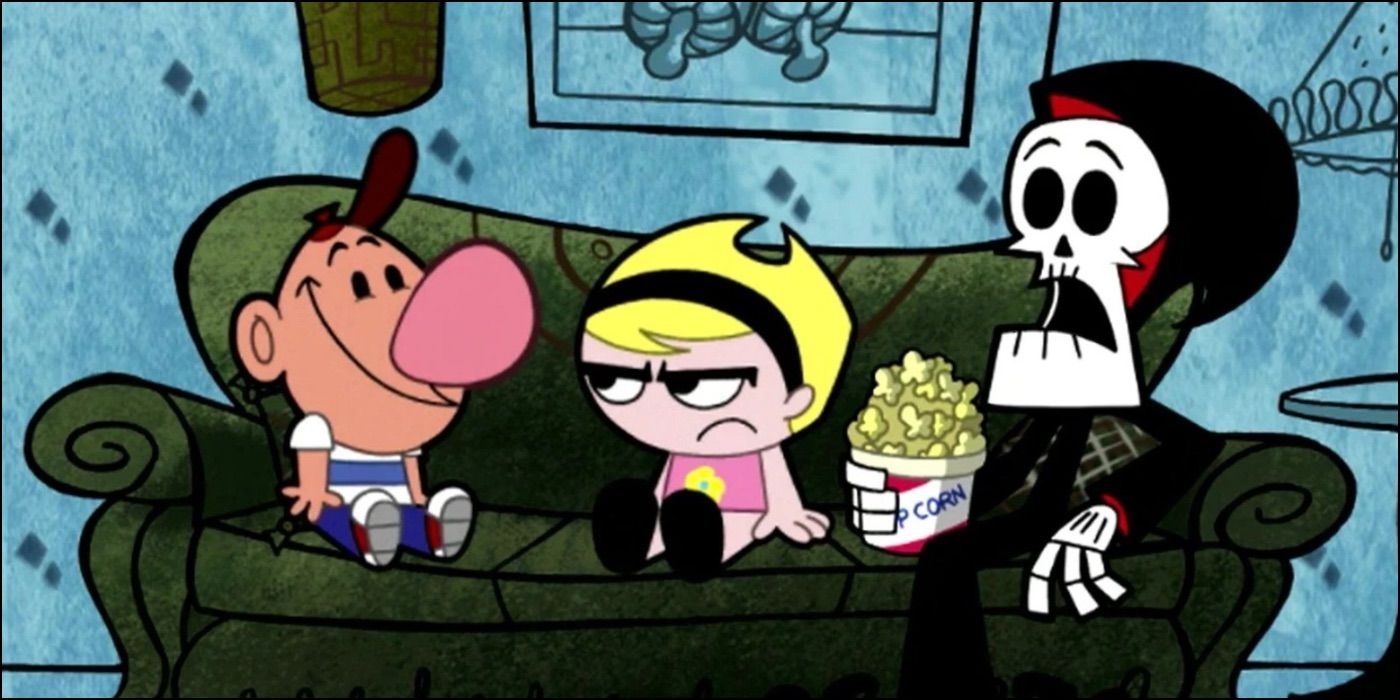 Bill e Mandy sentados no sofá com o Ceifador