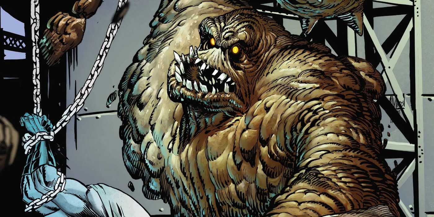 Clayface atacando um Batman cativo com suas habilidades de moldagem de lama.