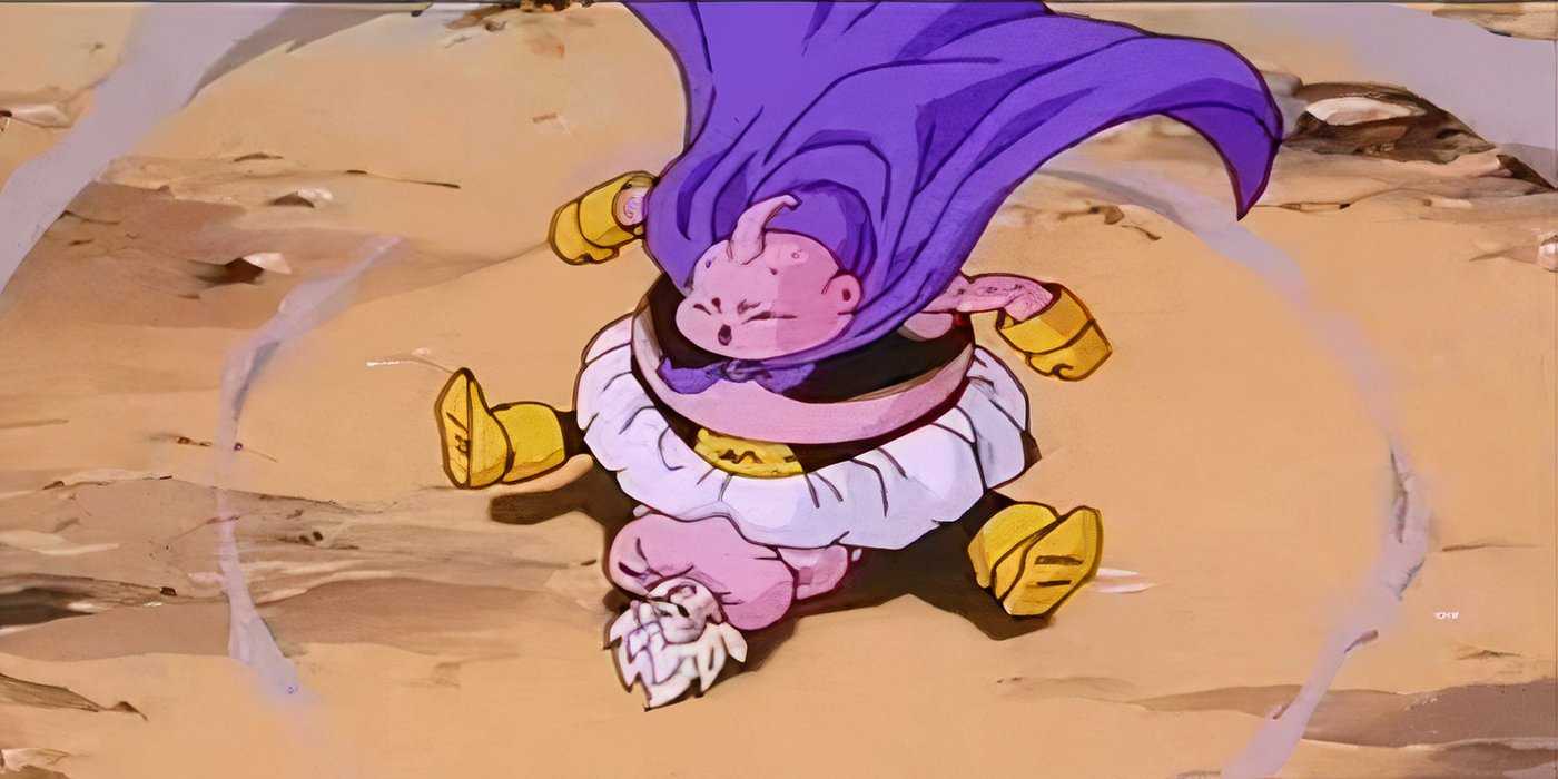 Innocent Buu beats up Vegeta while he sits on him in Dragon Ball Z.