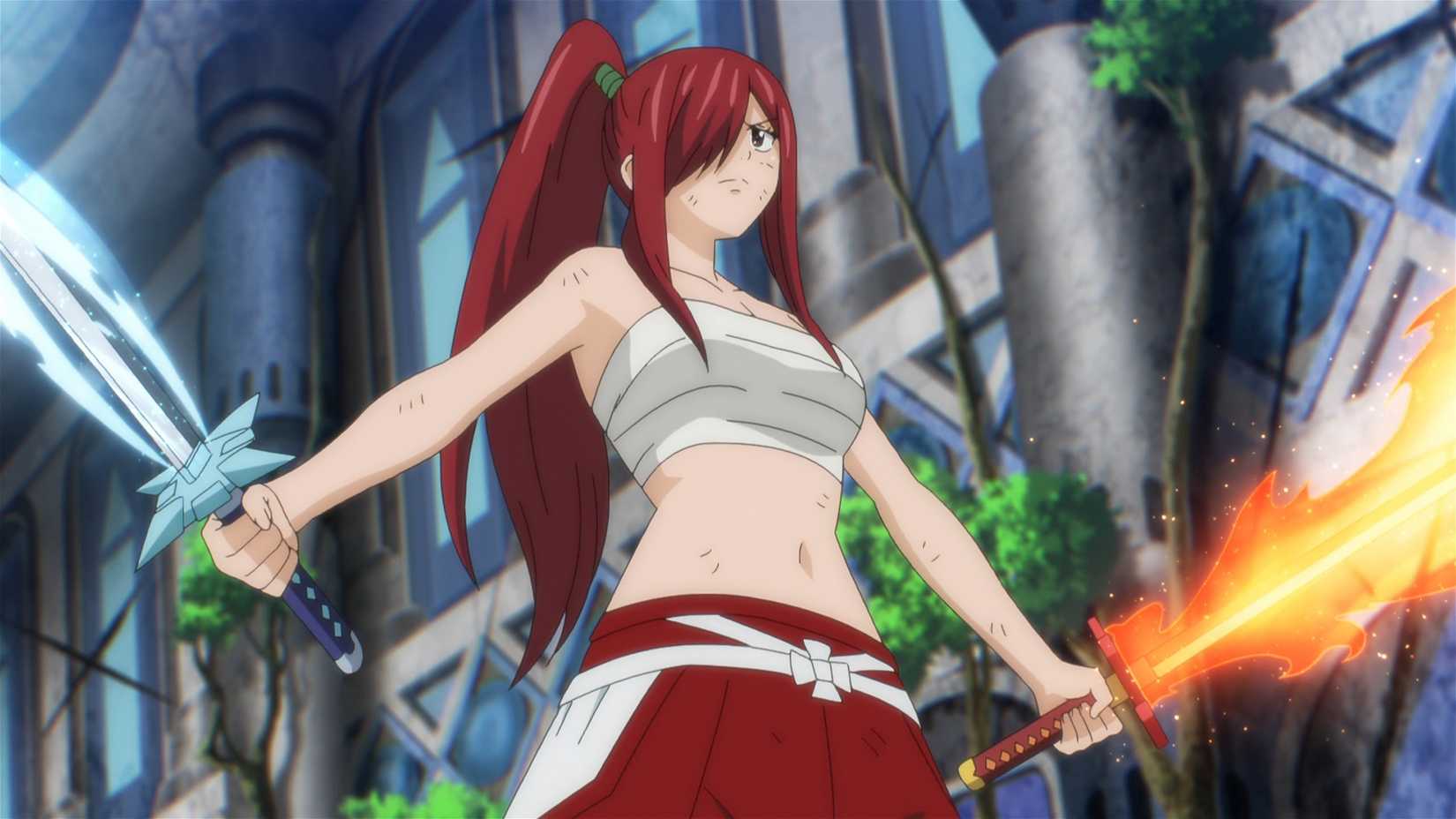 Erza Scarlet brandit une épée de feu et une épée de glace