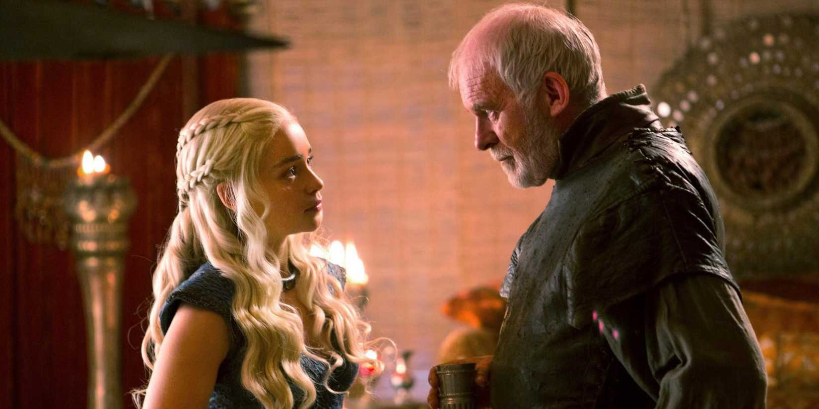 Daenerys Targaryen and Barristan Selmy face each other on Game of Thrones.