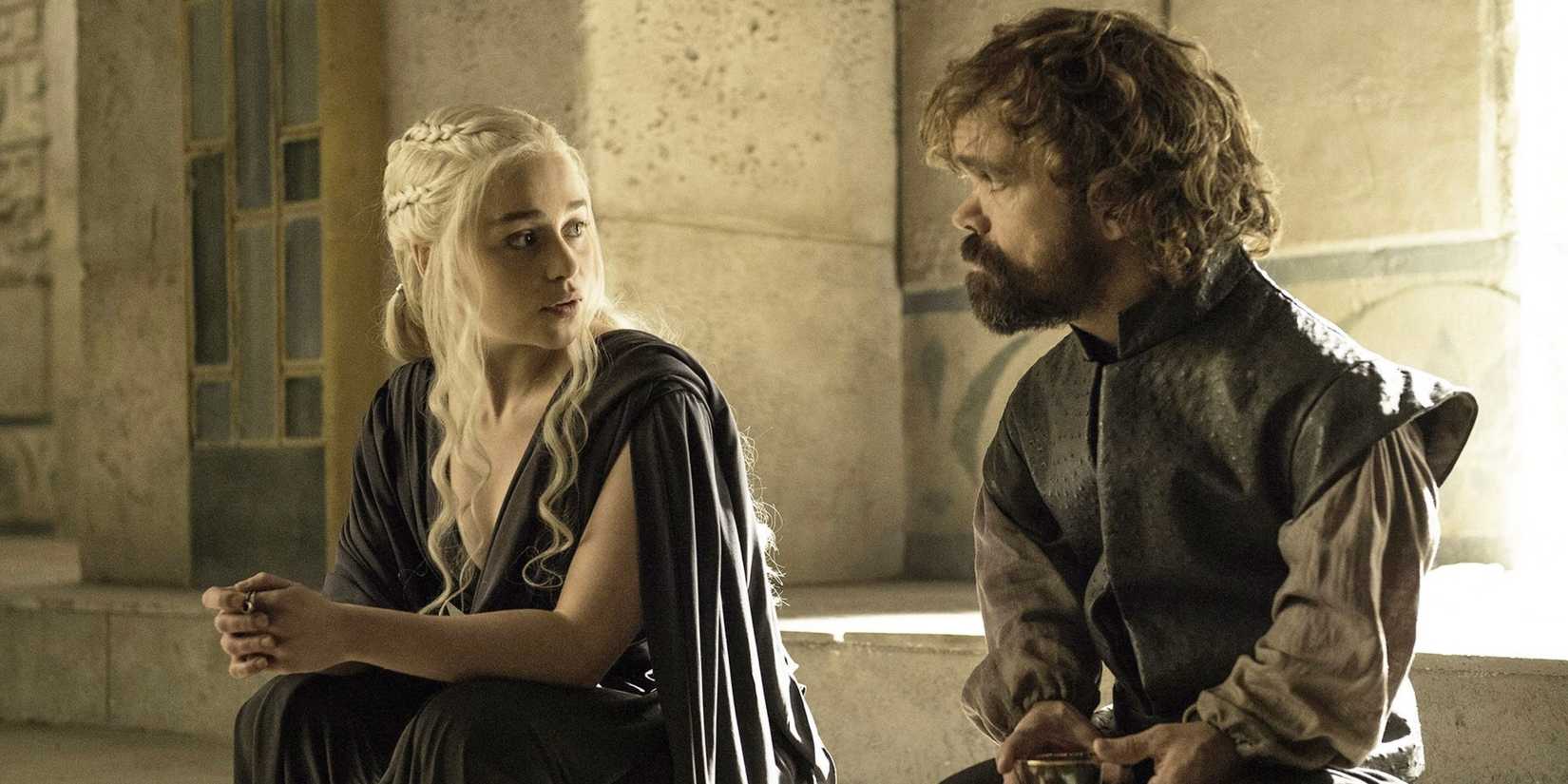 Daenerys Targaryen talking to Tyrion Lannister on Game of Thrones.