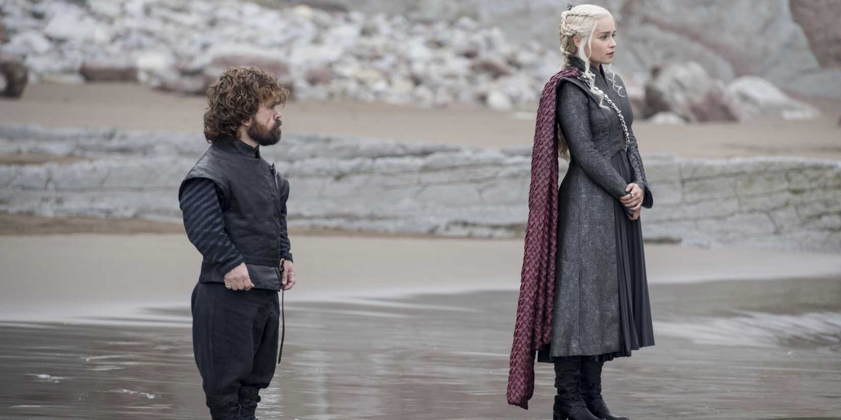 Tyrion Lannister and Daenerys Targaryen stand on a beach on Dragonstone.
