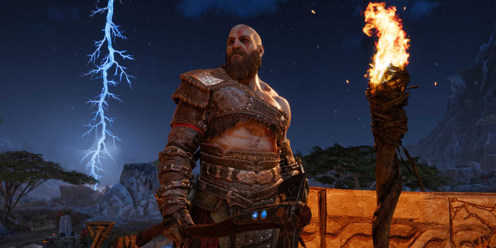 Kratos with lightning in the background in God of War: Ragnarok PC.