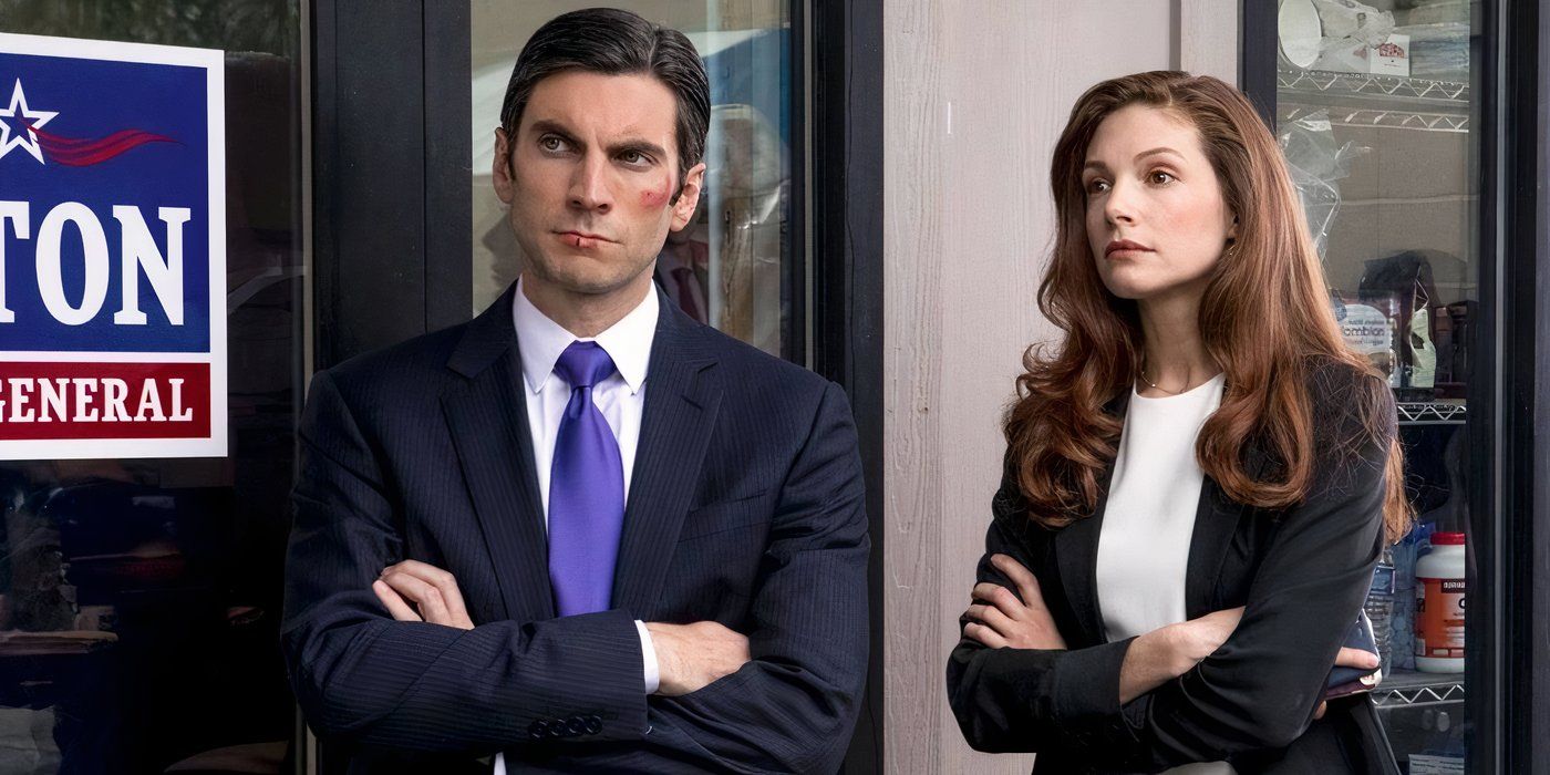 Jamie Dutton and his girlfriend Christina in standing in front of an election office in Yellowstone