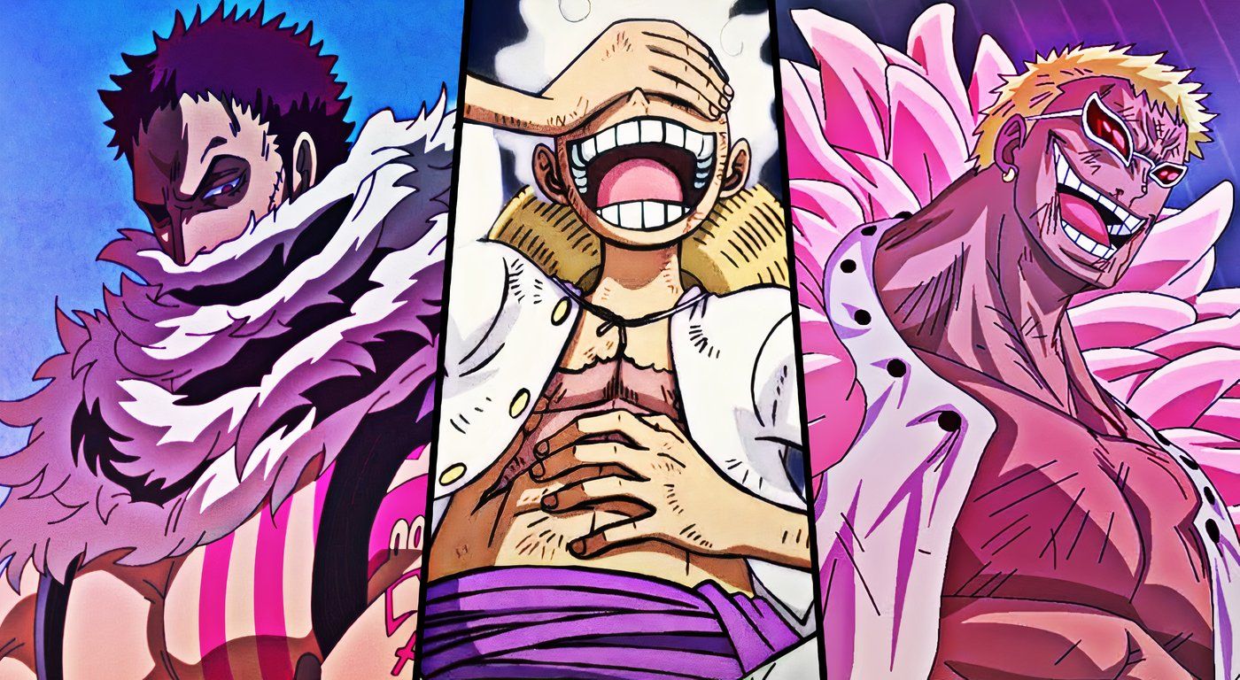 Katakuri, Gear 5 Luffy, and Doflamingo from One Piece