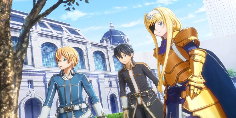 Kirito, Eugeo et Alice souriant dans Sword Art Online Alicization Lycoris.