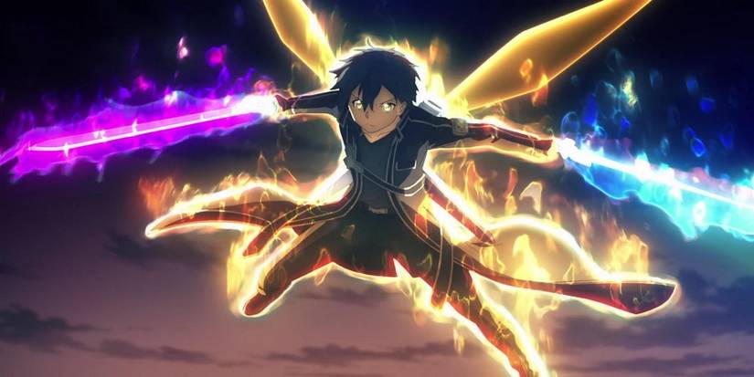 Kirito brandissant deux lames roses et bleues dans son combat contre Gabriel de Sword Art Online.
