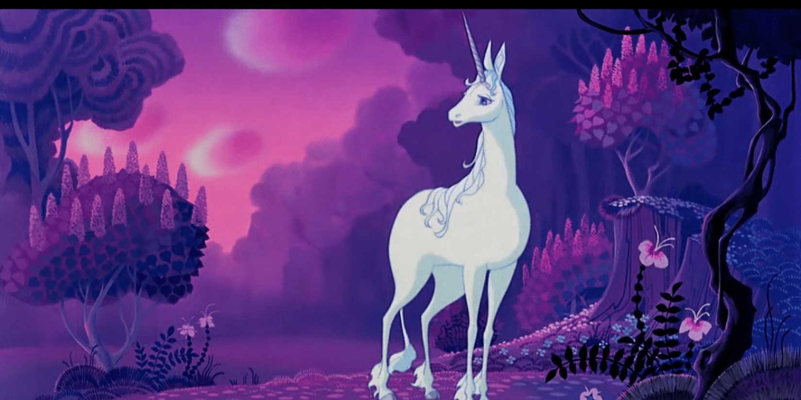 A unicorn wanders the woods in The Last Unicorn.