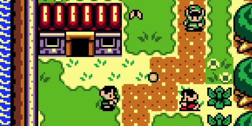 Link traveling by a house with two villagers in front of it in The Legend of Zelda Link's Awakening DX