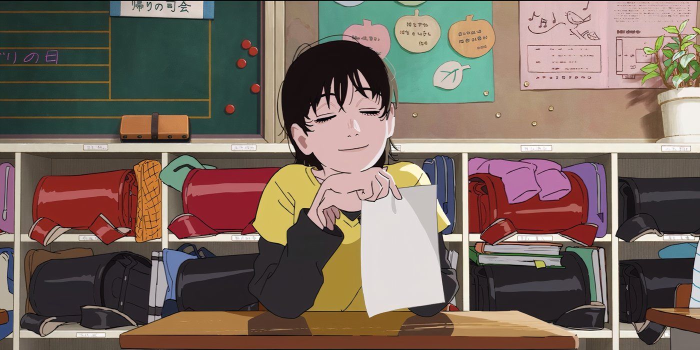 Fujino sonha na escola no filme de anime Look Back.