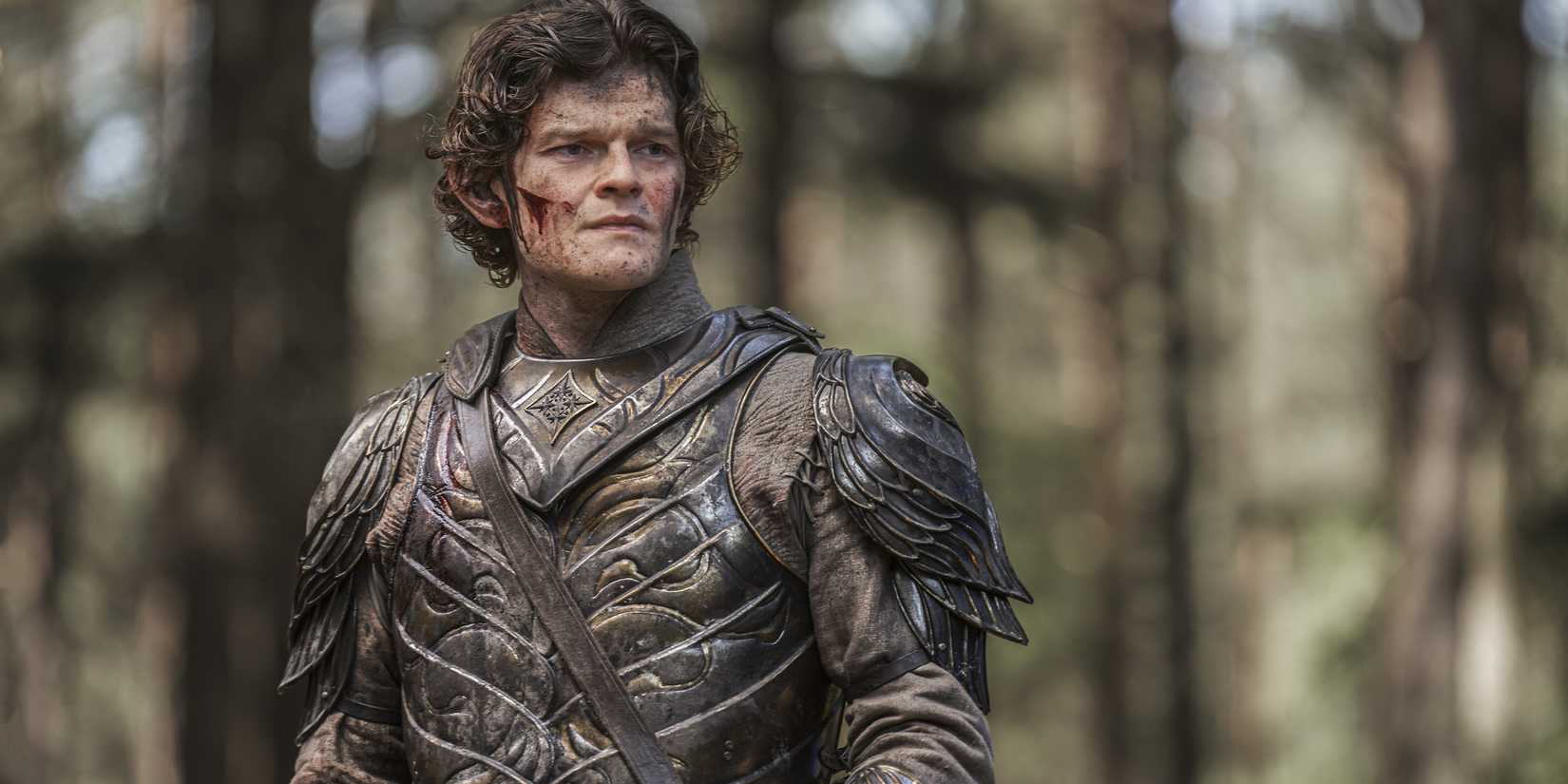 An armored and bleeding Elrond (Robert Aramayo) looks out into the forest in Rings of Power Season 2