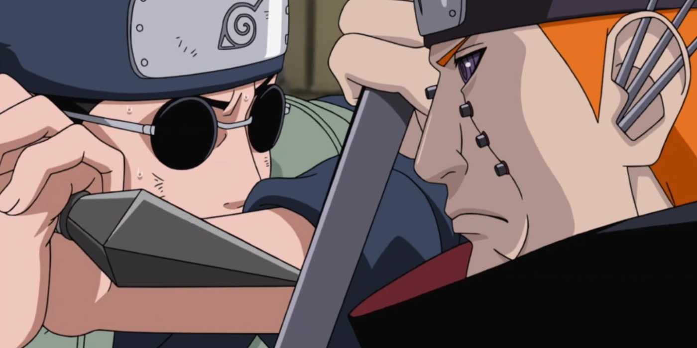 Ebisu fights Pain's Naraka Path to protect Konohamaru in Naruto: Shippuden.