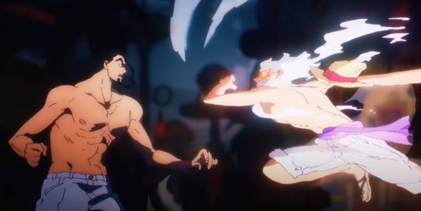 Gear 5 Luffy sourit alors qu'il se prépare à frapper Rob Lucci pendant l'Arc Egghead de One Piece.