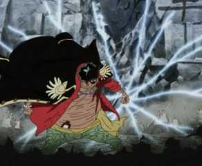Blackbeard uses the Tremor-Tremor Fruit for the first time to destroy Marineford in One Piece.