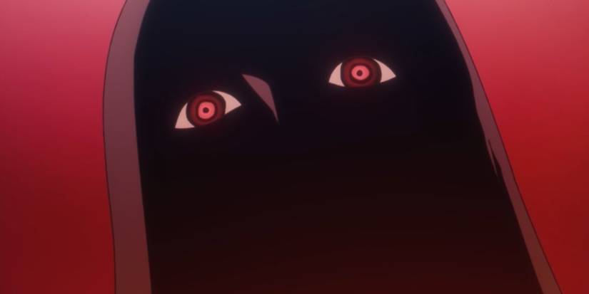 Les yeux cerclés de rouge de One Piece Imu regardent vers le haut en gros plan sur un fond rouge