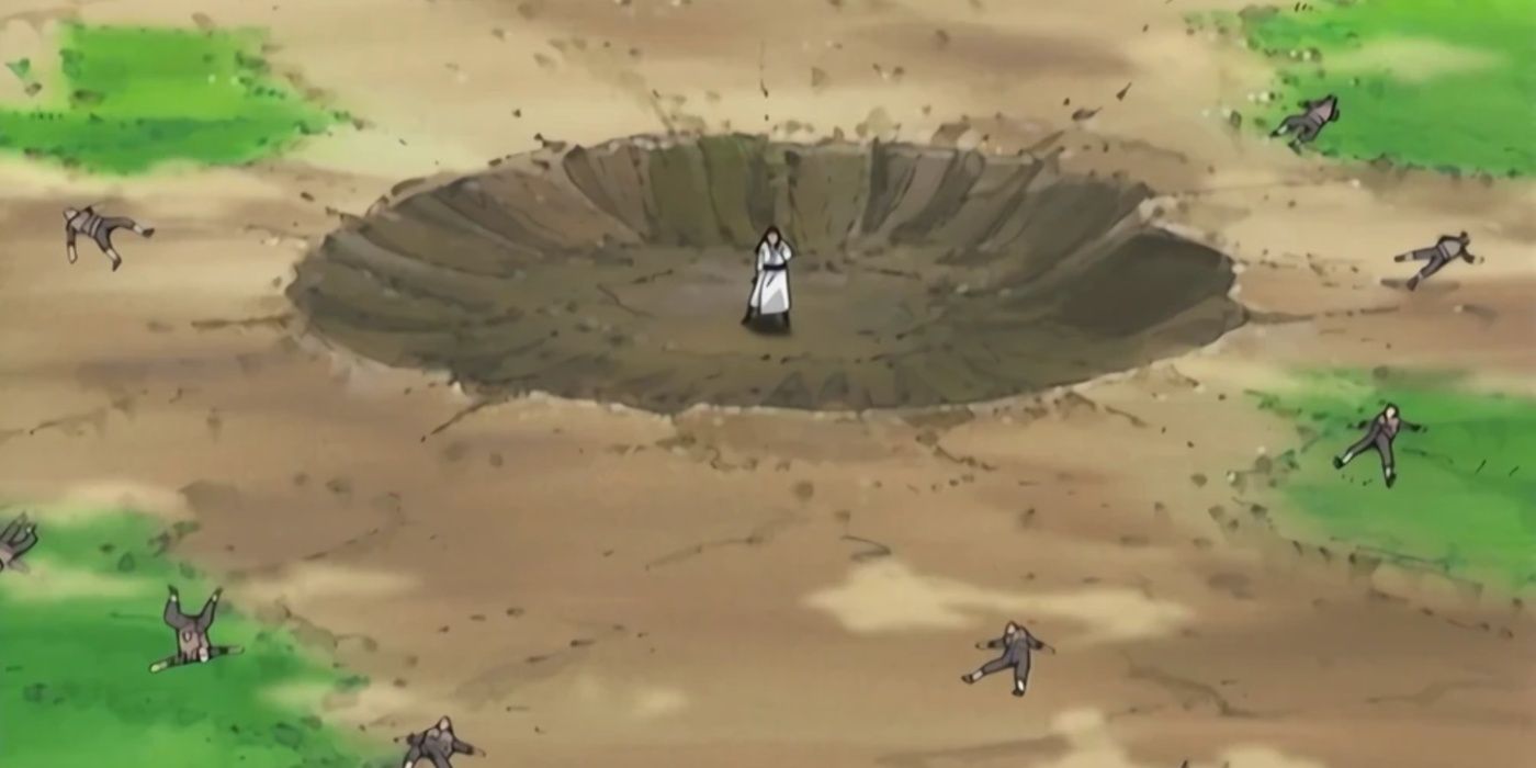 Hiashi defeats multiple Sand Ninja with Rotation during Naruto's Konoha Crush Arc.