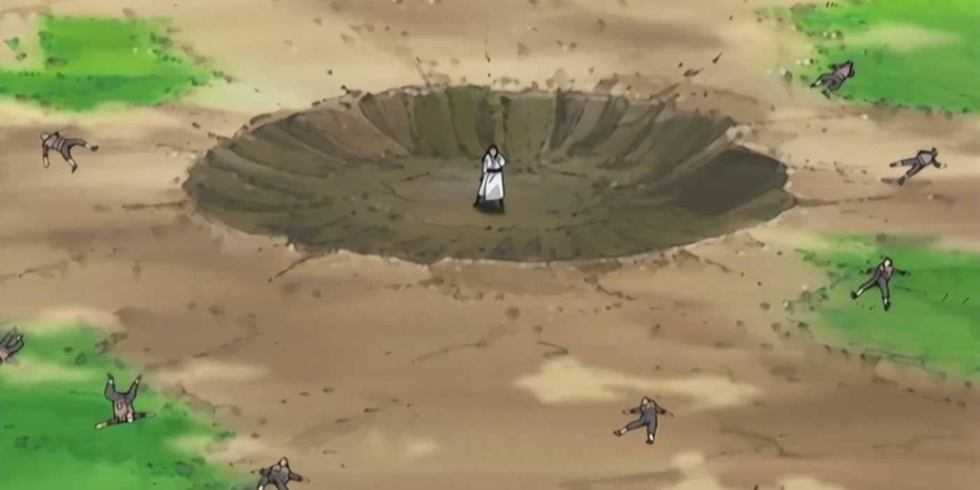 Hiashi defeats multiple Sand Ninja with Rotation during Naruto's Konoha Crush Arc.
