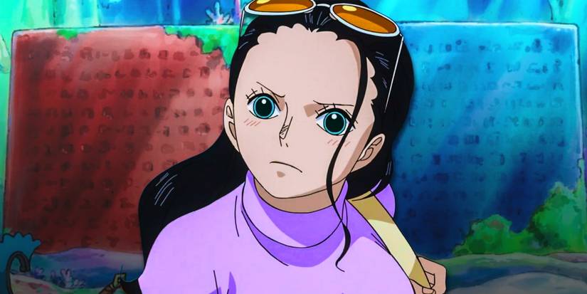 Une image de Nico Robin rougissant pendant l'arc de Zou Island est superposée devant des images de Ponéglyphes de One Piece.