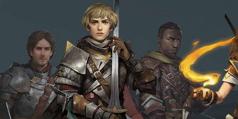 Characters from Pathfinder 2e's Kingmaker are wearing armor. One character is also holding a sword whle another has flames coming from their open palm.