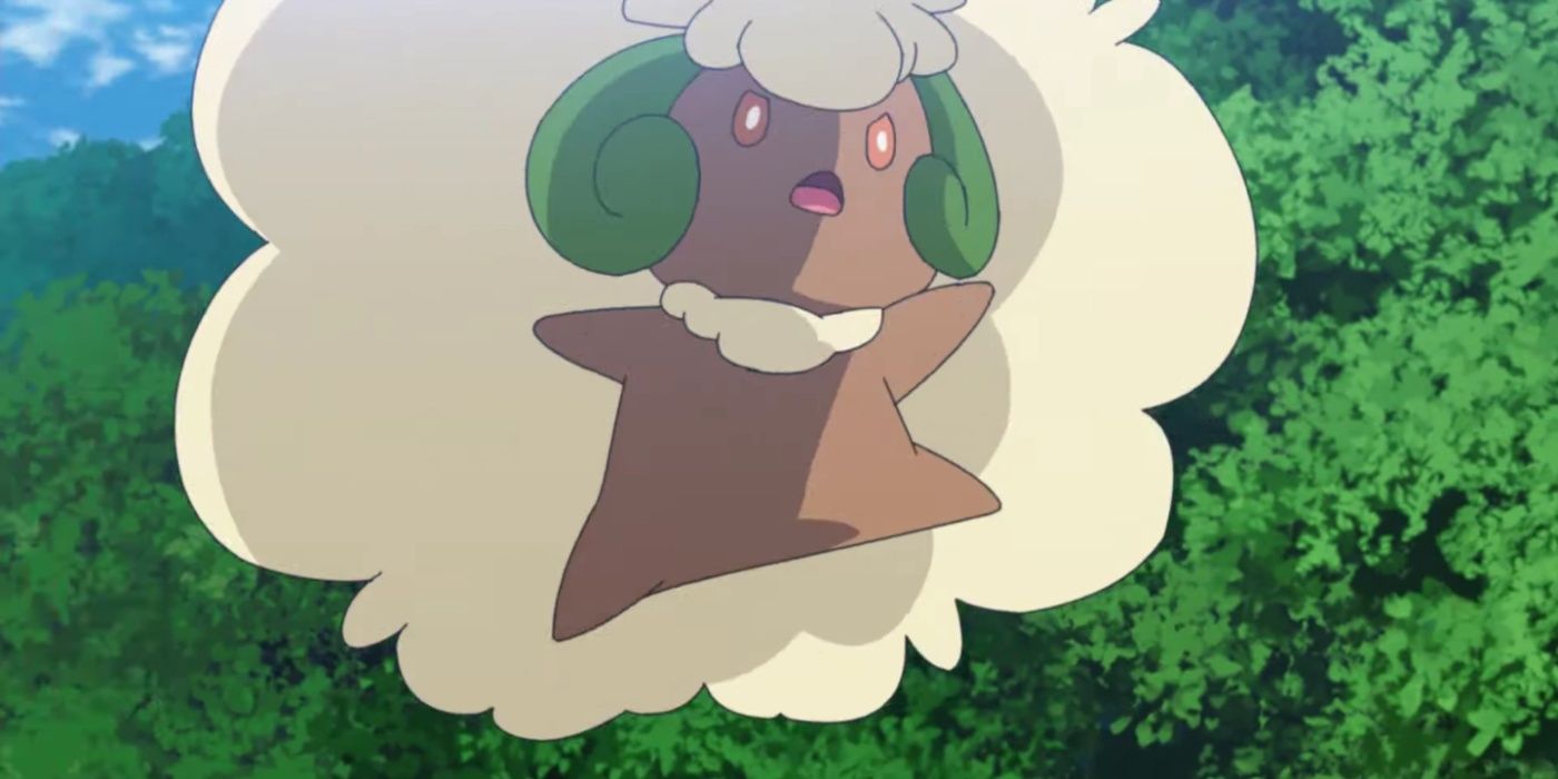 Whimsicott pulando no ar no anime de Pokémon.