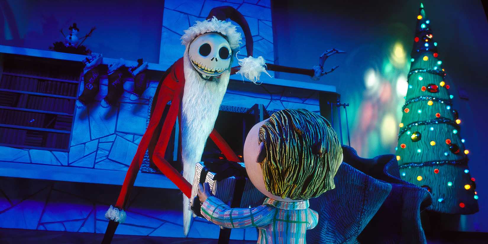 Jack Skellington is giving a gift to a kid while dressed as Santa in The Nightmare Before Christmas