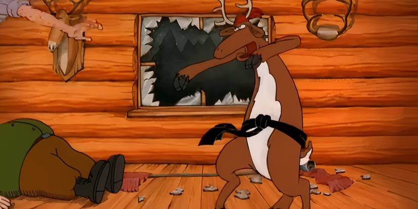 A deer fightig a man in Tales from the Far Side